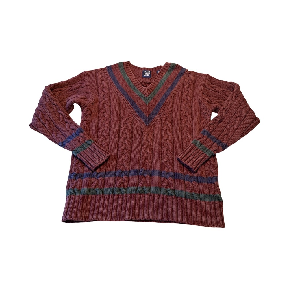 Gap Mens S Vintage Cable Knit V-Neck Sweater Burgundy Chunky Cotton Preppy